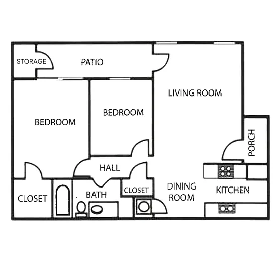 Bay 2 bedroom apartment floor plan at Willowbrook Apartments